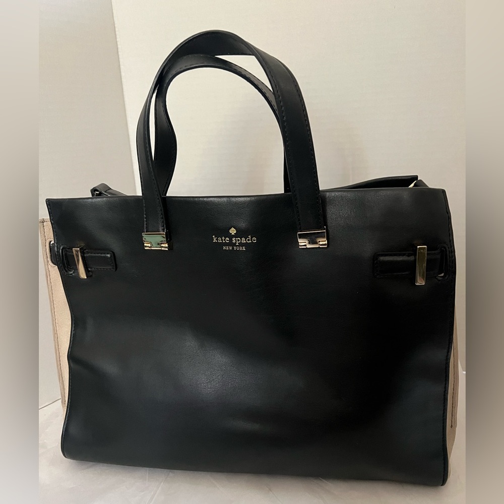 Kate Spade Large Black Leather & Ivory Suede Accordion Tote